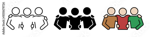 Three friends icon set. Friendship symbol. 3 friends hugging vector illustration. Mens friendship sign. Teamwork pictogram. Fellowship and brotherhood concept. Company silhouette. Shoulder crutch icon