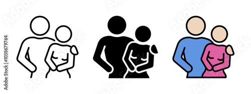 Couple icon. Lovers symbol. Wife and husband family vector illustration. Man and woman hugging sign. Male and female romance silhouette. Valentines day couple pictogram. Sex partner concept.