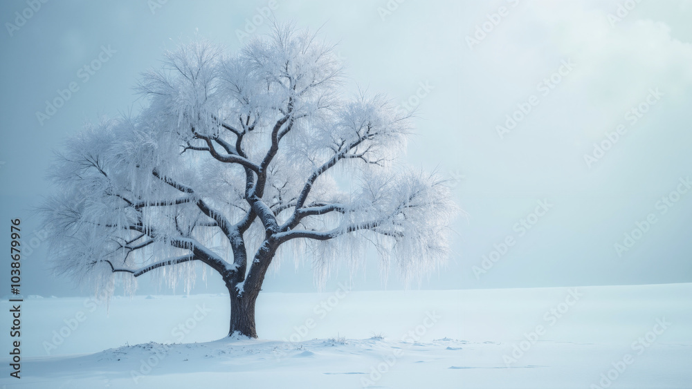 Serene Winter Landscape: Solitary Snow-Laden Tree in Powdery White Field - Perfect for Holiday Marketing and Nature Themes Serene Winter Landscape: Solitary Snow-Laden Tree in Powdery White Field - Perfect for Holiday Marketing and Nature Themes