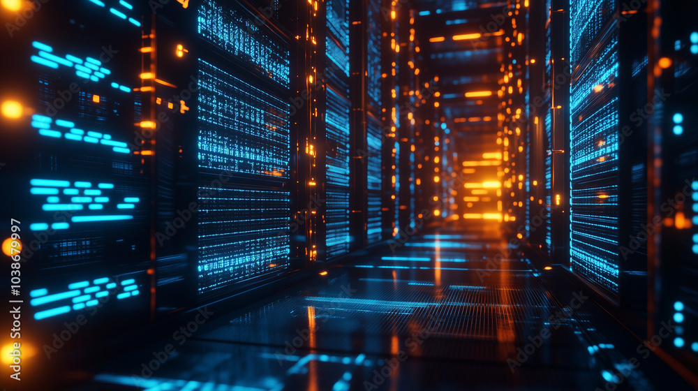 Digital Data Storage and Binary Code Background with Glowing Blue and Blocks Digital Data Storage and Binary Code Background with Glowing Blue and Blocks