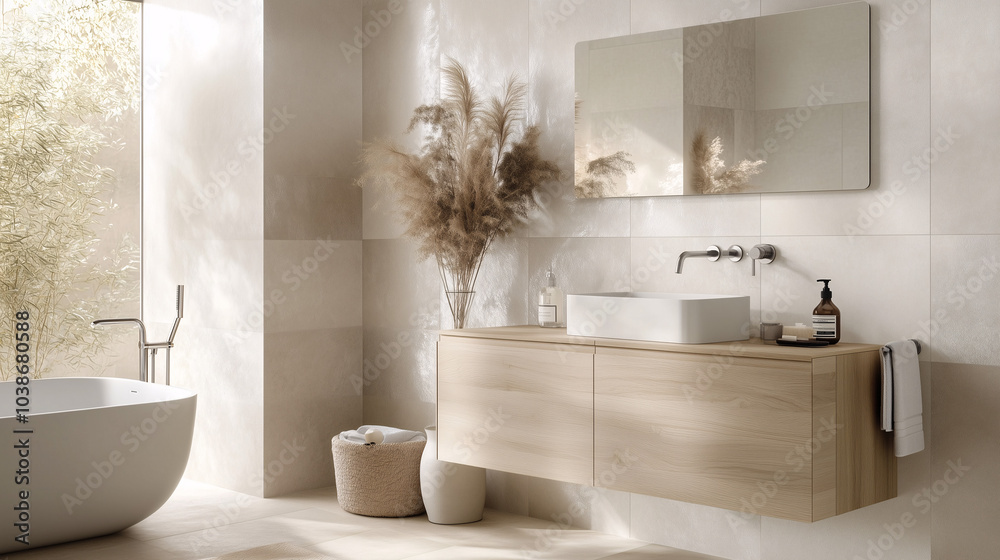 Fototapeta premium Minimalist bathroom setup with a light wood floating vanity, wall-mounted faucet, and white tiles