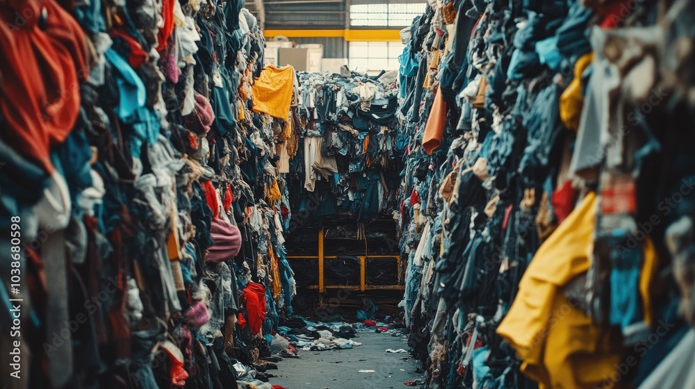 Pile of discarded textiles and garments stacked in a recycling center, highlighting the issues of clothing waste and the need for sustainable fashion practices Pile of discarded textiles and garments stacked in a recycling center, highlighting the issues of clothing waste and the need for sustainable fashion practices