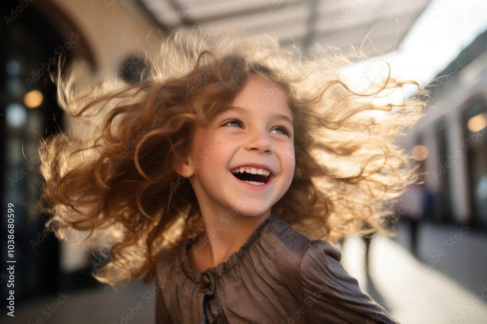 Portrait of a beautiful little girl with flying hair in the city Portrait of a beautiful little girl with flying hair in the city