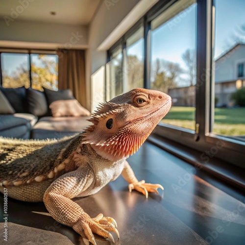 A bearded dragon basks in the sun on a bright windowsill in a modern, minimalist home