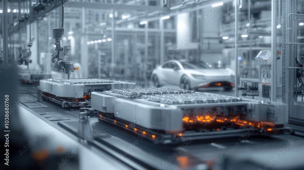 Obraz premium Low-emission battery factory focused on green energy production for electric vehicles and hybrids.