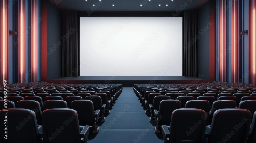 Fototapeta premium Auditorium setup with clean rows of seats aligned towards a large stage with a blank white screen.