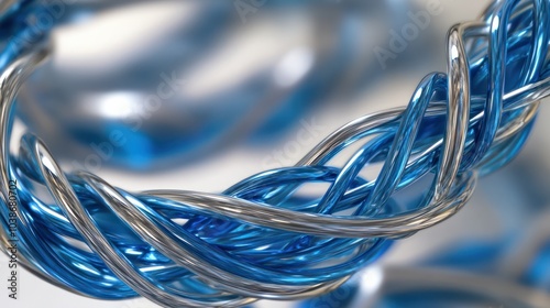 The image is a close up of a blue and silver wire photo