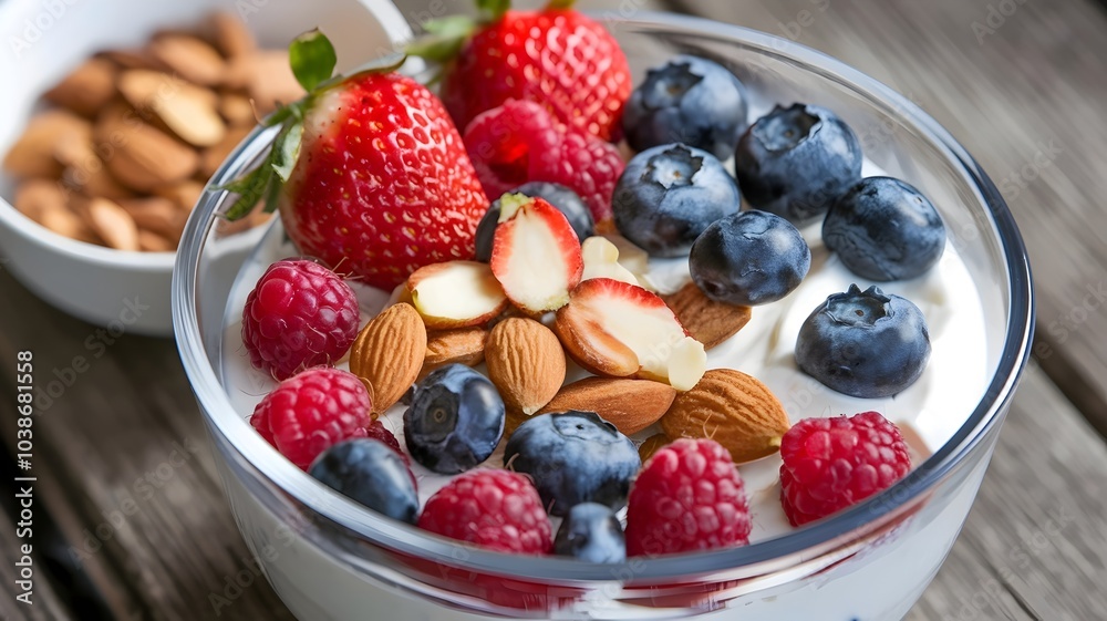 Clear bowl of yogurt with fruit and almonds, side bowl of toppings Clear bowl of yogurt with fruit and almonds, side bowl of toppings