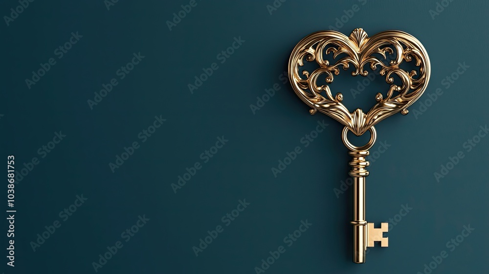 A golden heart-shaped key with intricate designs against a dark teal background, symbolizing romance and mystery. A golden heart-shaped key with intricate designs against a dark teal background, symbolizing romance and mystery.