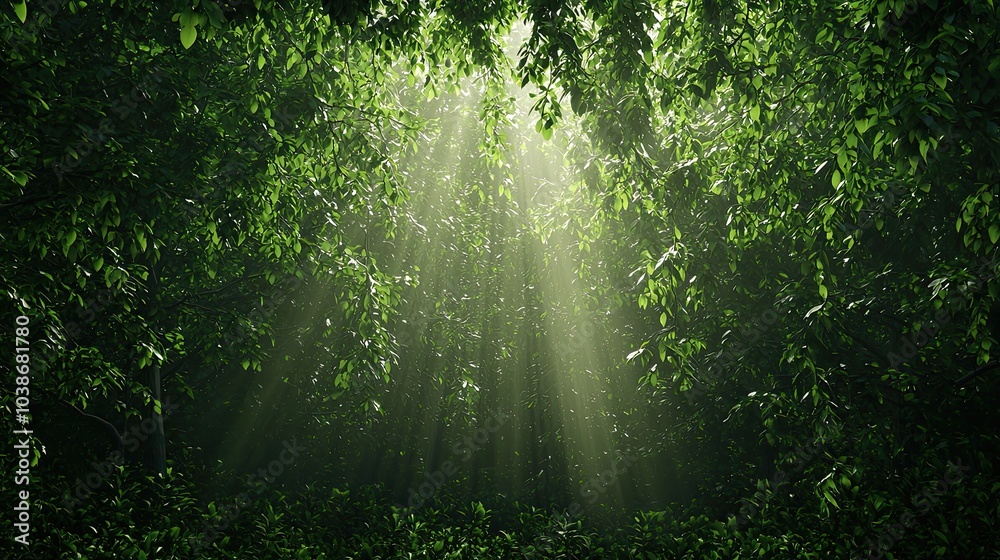Fototapeta premium A serene forest scene where sunlight filters through lush green foliage, creating a tranquil and immersive natural environment.