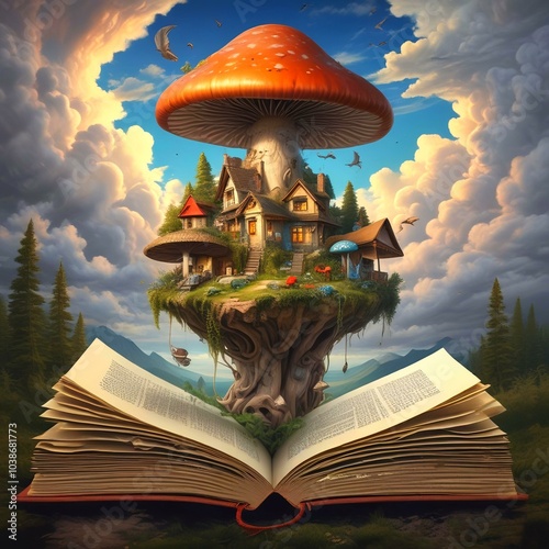 Illustration of gnome house in mushroom building on book pages with amazing heavenly sky behind. photo