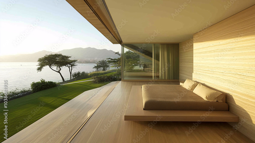 Fototapeta premium Minimalist bedroom with a platform bed and earthy tones