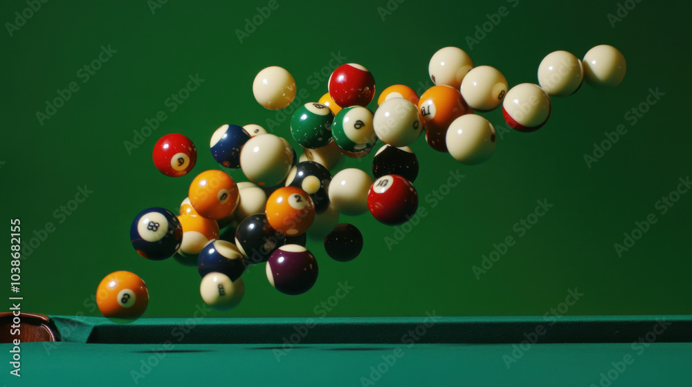 Billiards Table with Colorful Balls and Cue Sticks Billiards Table with Colorful Balls and Cue Sticks