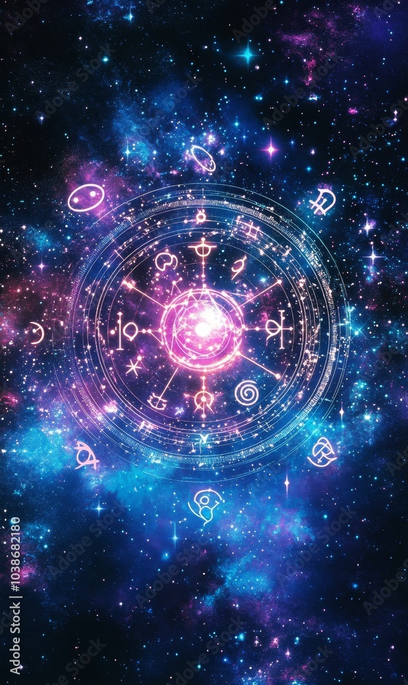 Astrological symbols against a starry night.