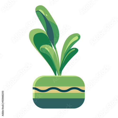 Indoor abstract plant with green leaves in an oval pot, isolated on a white background. Homemade potted plant with geometric pattern . Flat vector illustration.
