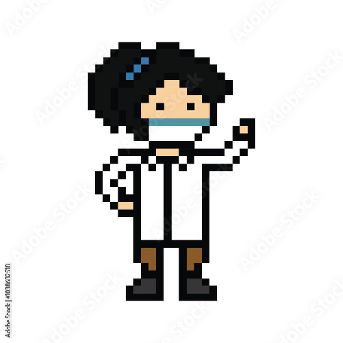 Cute pixel cartoon 8bit character woman doctor or scientist game care for decoration pharmacist female doctor lady uniform in hospital 8 bit pixel art png vector.