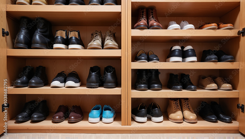custom made wallpaper toronto digitalstorage and order, Organized shoe closet with various styles and colors of shoes on wooden shelves for home storage concept