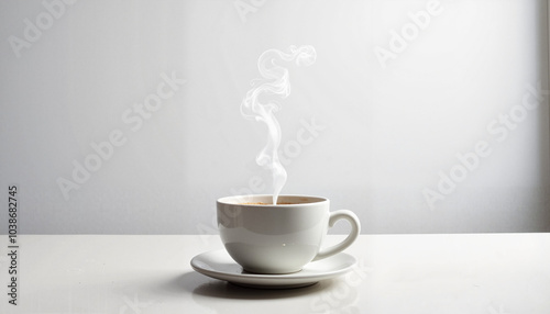 Steaming cup of coffee on a saucer with swirling smoke for cozy drink concept