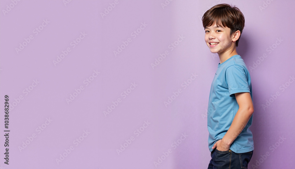 person on a colored background, Smiling young boy in casual blue t-shirt against purple background with copy space person on a colored background, Smiling young boy in casual blue t-shirt against purple background with copy space