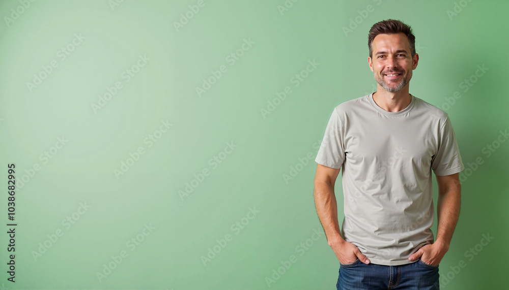 person on a colored background, Smiling middle-aged man in casual grey t-shirt against light green background with copy space