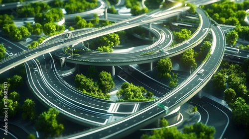 Futuristic Aerial View of Sleek Looping Highway Interchange with Neon Accents and Holographic Signage photo