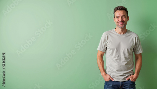 Obraz na płótnie person on a colored background, Smiling middle-aged man in casual grey t-shirt against light green background with copy space w salonie