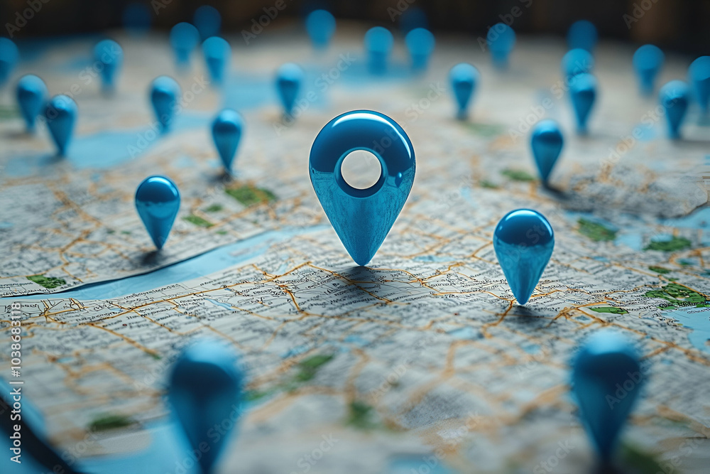 A collection of blue location pins on a map, symbolizing navigation and geographic positioning.
