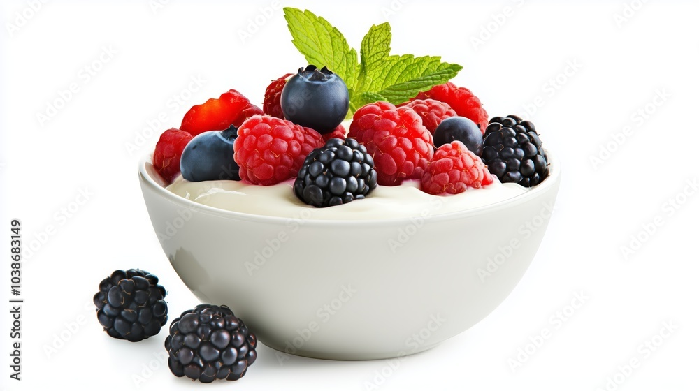 A bowl of yogurt with fresh berries on top, isolated on white, showing both creaminess and the vibrant fruit. --ar 16:9 --personalize rdzbvdo --v 6.1 Job ID: f90b4c81-1091-426e-9acf-49f293cd8517 A bowl of yogurt with fresh berries on top, isolated on white, showing both creaminess and the vibrant fruit. --ar 16:9 --personalize rdzbvdo --v 6.1 Job ID: f90b4c81-1091-426e-9acf-49f293cd8517