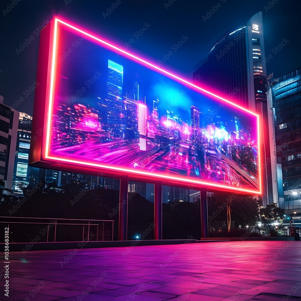 Futuristic Holographic Cityscape Billboard with Glowing Neon Lights and Vibrant Colors