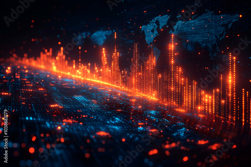 An abstract digital landscape featuring glowing orange and blue data visualizations, illuminated by a wave of energetic lines suggesting connectivity and technology.