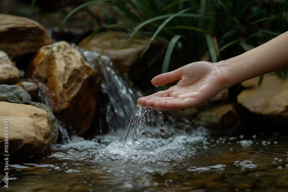 Water flowing onto a woman's hand symbolizing nature in a garden setting Water flowing onto a woman's hand symbolizing nature in a garden setting