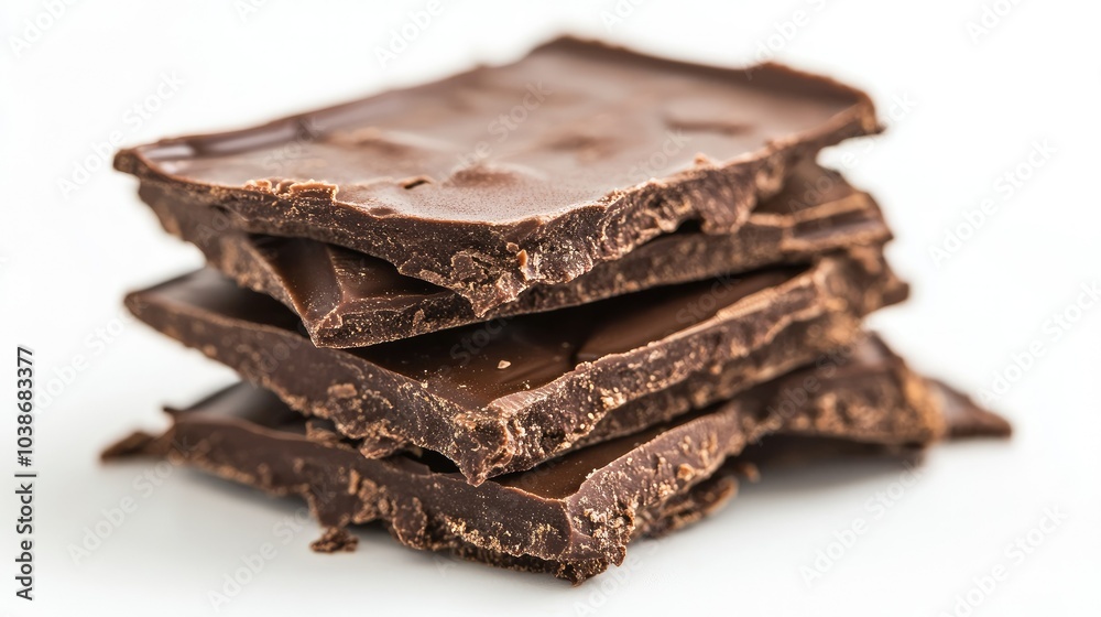 Broken chocolate wafer block, highlighting the crispy wafer layers and rich chocolate filling, on a white background. Broken chocolate wafer block, highlighting the crispy wafer layers and rich chocolate filling, on a white background.