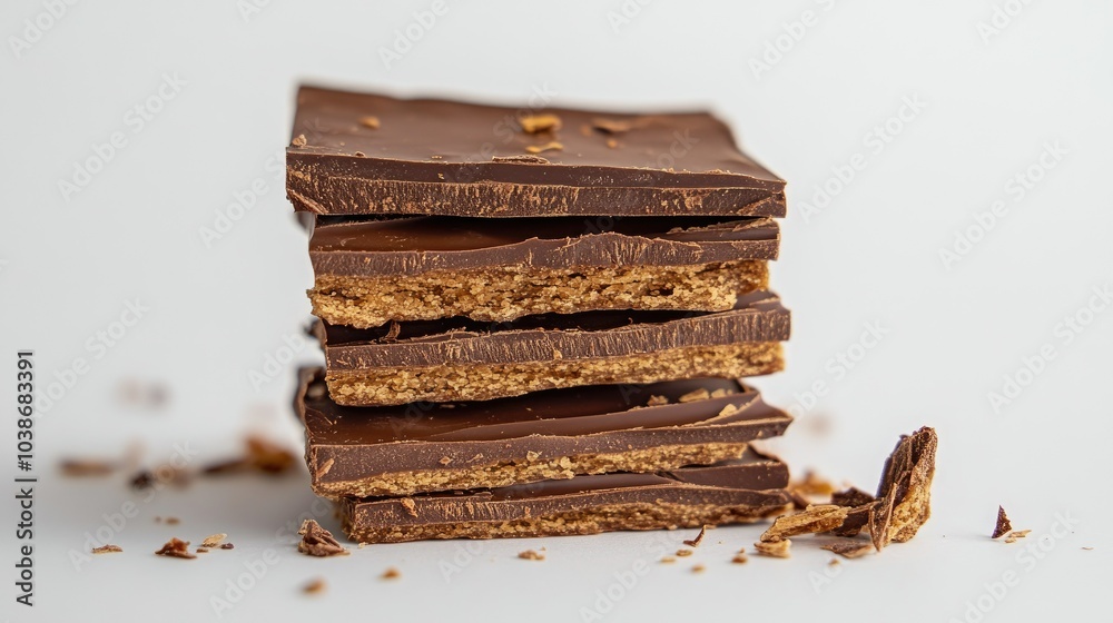 Broken chocolate wafer block, highlighting the crispy wafer layers and rich chocolate filling, on a white background. Broken chocolate wafer block, highlighting the crispy wafer layers and rich chocolate filling, on a white background.