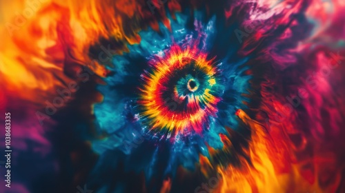 Bright tie-dye swirls with rainbow hues on a dynamic background, giving a psychedelic feel.