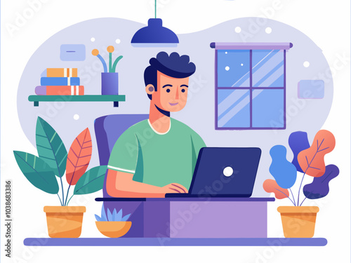 Modern illustration of a man working on a laptop in a cozy home office surrounded by plants and books