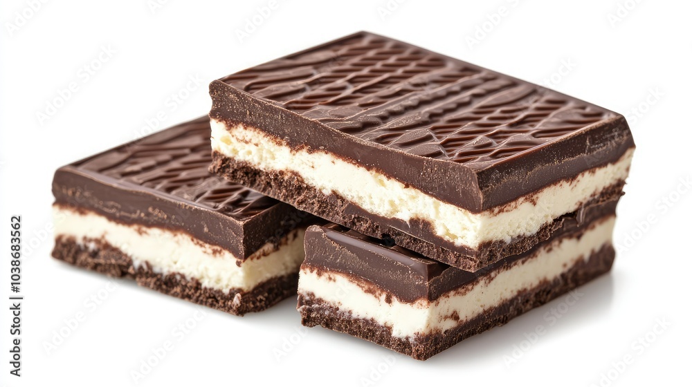 Broken chocolate wafer block with crisp layers and creamy filling, isolated on a white background. Broken chocolate wafer block with crisp layers and creamy filling, isolated on a white background.