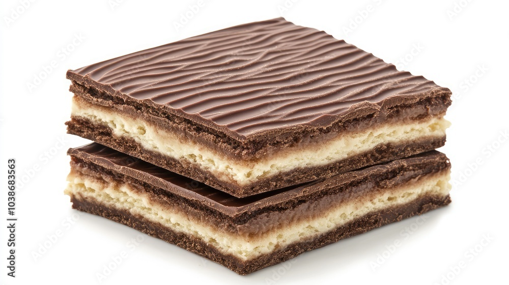 Broken chocolate wafer block with crisp layers and creamy filling, isolated on a white background. Broken chocolate wafer block with crisp layers and creamy filling, isolated on a white background.