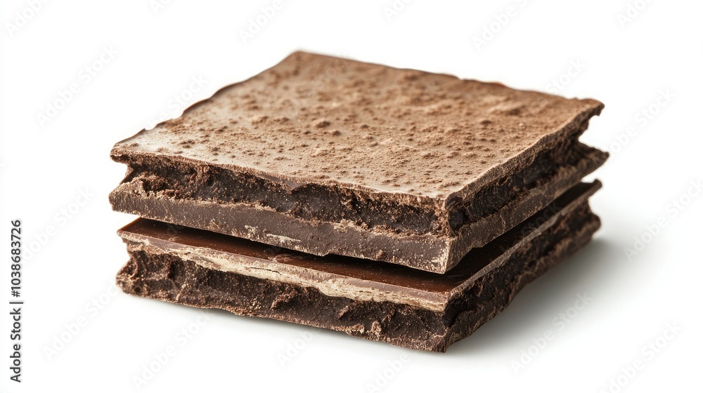 Broken chocolate wafer block with visible layers of wafer and chocolate, isolated against a white background. Broken chocolate wafer block with visible layers of wafer and chocolate, isolated against a white background.
