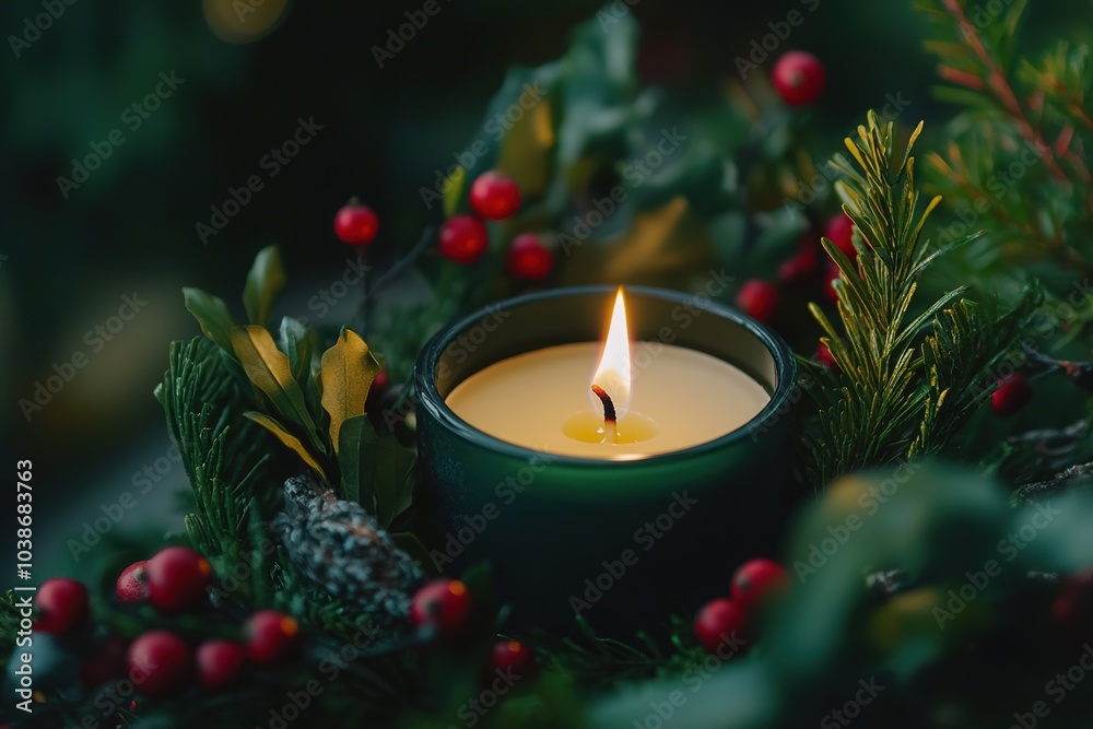 Candle in festive wreath, symbol of warmth and comfort Candle in festive wreath, symbol of warmth and comfort