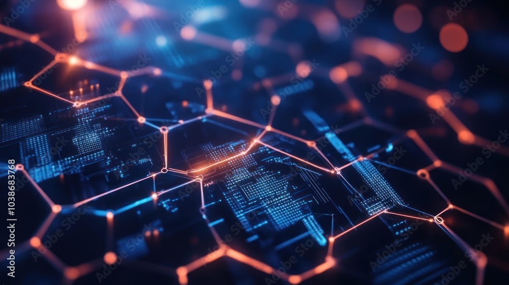 Quantum computing hexagon design with interconnected digital patterns and futuristic elements.