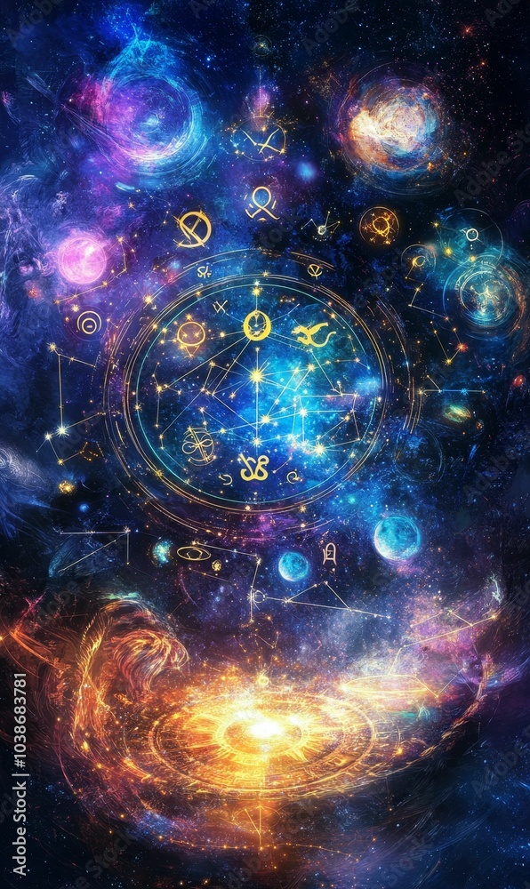 Cosmic art with celestial symbols and a galaxy. Cosmic art with celestial symbols and a galaxy.