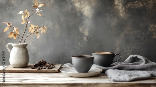 Rustic coffee setup with a branch of leaves delicately placed, offering a cozy, autumnal vibe. photo