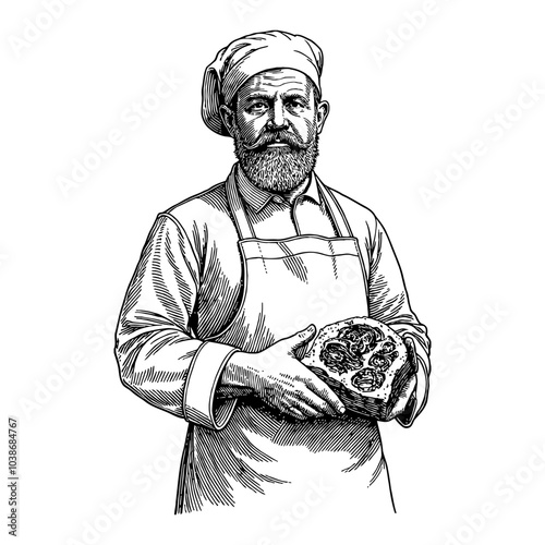 Butcher Holding Prime Cut of Meat in Detailed Black and White Outline Line Art Drawing