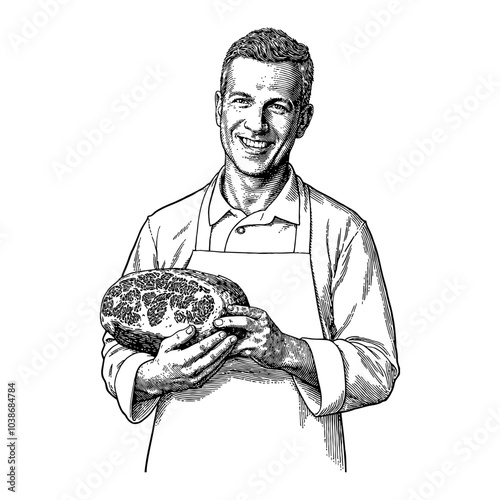 Butcher Holding Prime Cut of Meat in Detailed Black and White Outline Line Art Drawing