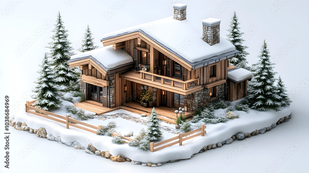 Fototapeta premium Mesmerizing Digital Imagery showcasing a Full Body shot of a Mini World Cozy Wooden Ski Chalet in a Snowy Setting with Ultra Realistic Details