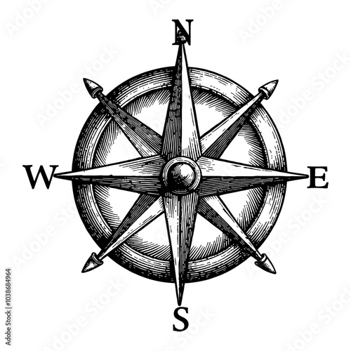 Compass Logo in Antique Black and White Outline Line Art Drawing with Detailed Illustration