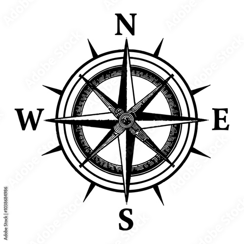 Compass Rose Nautical Symbol in Black and White Outline Line Art Drawing with Detailed Design