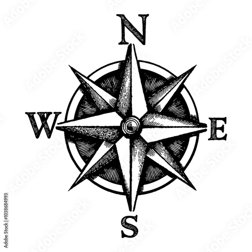 Compass Rose Compass Logo Detailed Vintage Black and White Outline Line Art Drawing