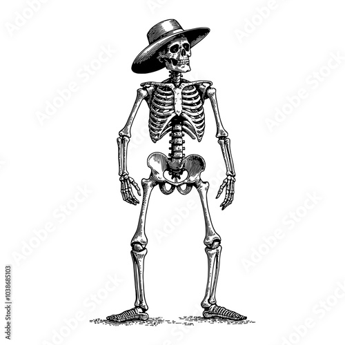 Cowboy Skeleton Wearing Hat in Black and White Outline Line Art Drawing Detailed Style
