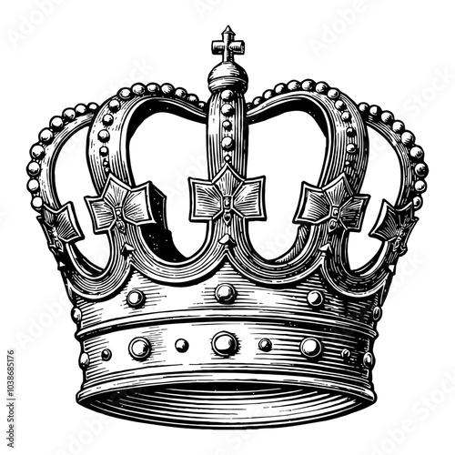 Elegant Royal Crown Black and White Outline Line Art Drawing with Detailed Ornamentation